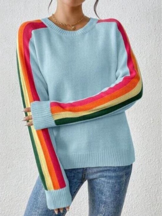Women's Colorful Rainbow Striped Casual Crewneck Sweater Long-SleeveTops - Picture 4 of 6